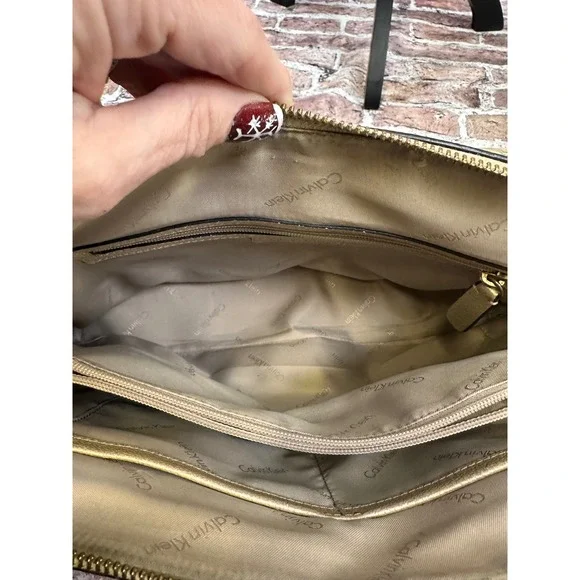 Calvin Klein Gold Metallic Pebbled Leather Satchel Crossbody Bag Convertible - Picture 7 of 16